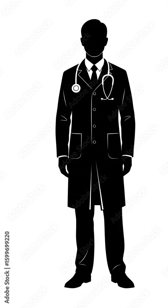 Silhouette of a male doctor in a lab coat with a stethoscope, standing against a white background, medical professional portrait illustration Silhouette of a male doctor in a lab coat with a stethoscope, standing against a white background, medical professional portrait illustration