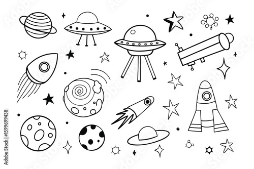 Cosmic Illustration: An intricately detailed black and white illustration showcasing a collection of celestial objects. 