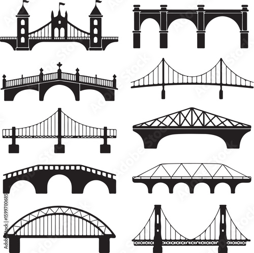 Diverse Bridge Silhouettes Depicting Varied Architectural Styles Reflecting Engineering and Design Across Time Spanning Multiple Cultural and Structural Interpretations