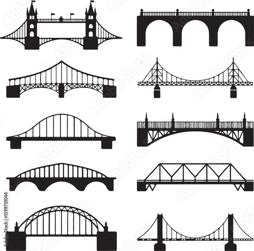 Silhouette Collection of Bridges Representing Various Architectural Styles and Engineering Designs Across Different Eras and Geographic Locations