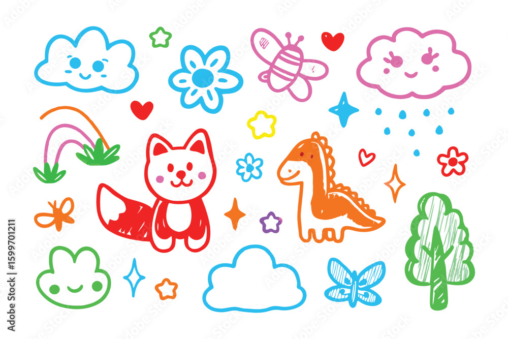 Obraz premium Whimsical Doodle Illustrations: An array of charming hand-drawn doodles, including smiling clouds, a cheerful fox, a friendly dinosaur, colorful butterflies, radiant stars, vibrant flowers.