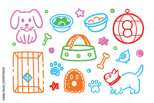 Pet Care Essentials Illustrated: A vibrant illustration showcases essential pet care items, including a playful puppy, nourishing food bowls, chew toys, and a cozy carrier.