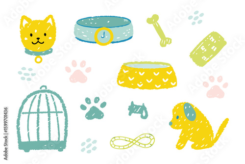 Pet Supplies Illustration: A charming illustrated composition showcases essential pet supplies and accessories, perfect for highlighting the joys of pet ownership.