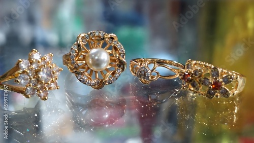 Canvas Print Golden Rings Adorned with Jewels, Precious Stones, and Pearls, Golden Rings Enha