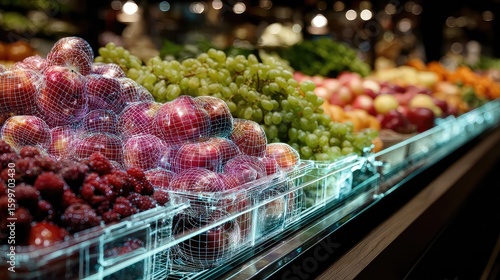 Augmented reality fruit stand displays holographic produce, representing digital marketplaces, smart agriculture showcases, and immersive shopping environments.