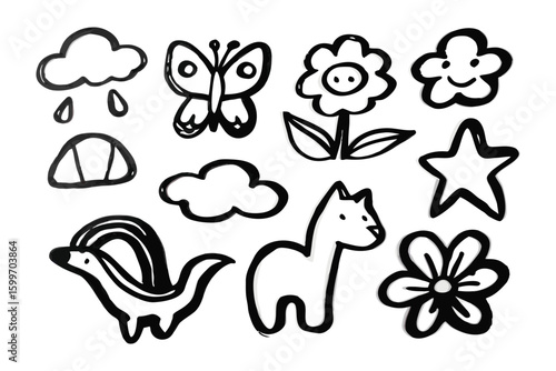 Doodle Sketch: A collection of hand-drawn doodles, including cloud, butterfly, flower, sun, star, skunk, animal and another flower that showcase simple designs with a playful and childlike feel.