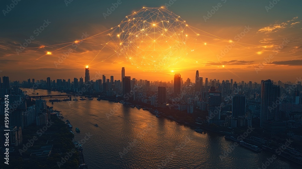 Fototapeta premium Sunset cityscape with network connections