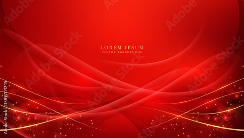 Elegant red background with flowing curves, soft gradients, golden lines, sparkling particles, and bokeh effects