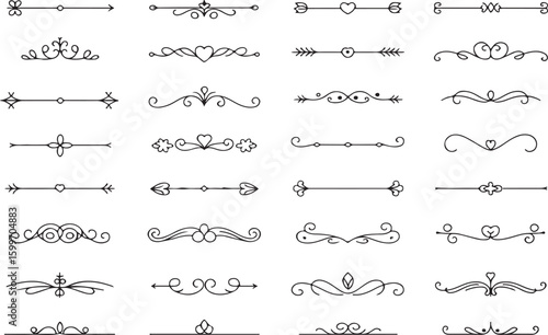 Elegant Collection of Decorative Dividers and Flourishes for Graphic Design and Embellishments Featuring Lines Hearts and Floral Accents