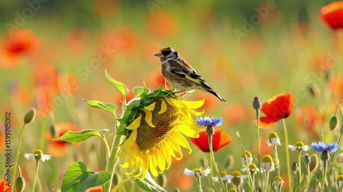 Small bird rests on a sunflower in a poppy field, summer