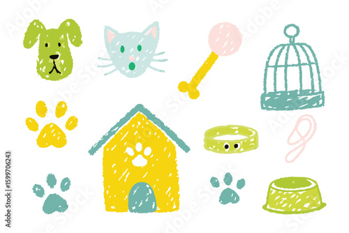 Playful Pet Icons: A collection of whimsical, crayon-style illustrations of cherished pets and essential accessories, showcasing the heartwarming charm of animal companions