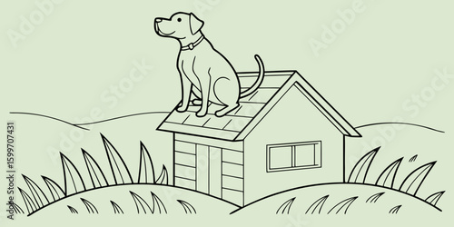 Minimal vector artwork of a  Sitting pet dog on the top of house on grassy land vector illustration.