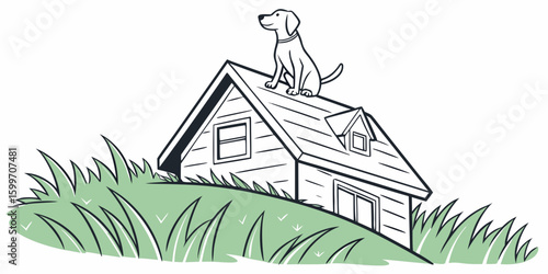 Minimal vector artwork of a  Sitting pet dog on the top of house on grassy land vector illustration.