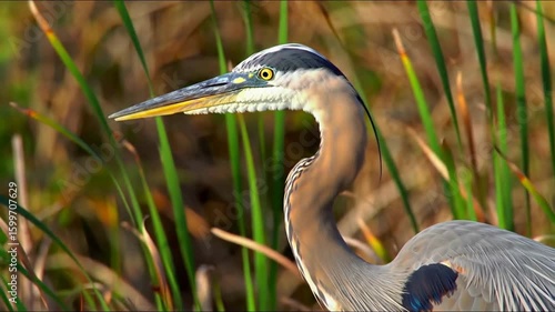 Elegant heron watches near vegetation at the water's edge.