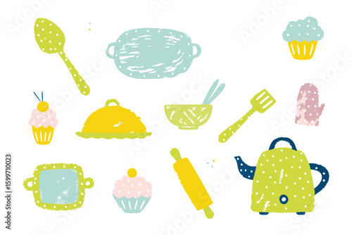 Drawn Cooking Utensils and Dishes: A charming illustration of various kitchen tools and food elements, perfect for culinary-themed designs.