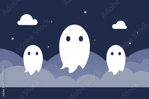 Horse carriage with ghost driver on foggy haunted road vector illustration