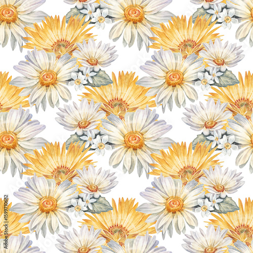 Wallpaper Mural Watercolor seamless pattern with bouquet chamomile isolated on white background. Hand-drawn summer bloom flower chrysanthemum or daisy for card. Wedding invite. Wallpaper or wrapping or textile Torontodigital.ca
