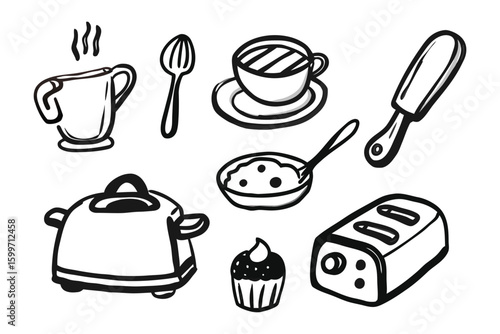 Drawn Kitchen Collection: A collection of hand-drawn kitchen objects, including a coffee cup, spoon, pan, muffin and toaster, designed with simplicity.