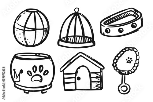 Pet's Playground: A hand-drawn collection of pet accessories, perfect for enhancing any animal-themed graphic project.