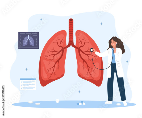 Pulmonologist concept. Medical check up. Female Doctor listening to big realistic lungs with stethoscope. Flat Vector illustration.