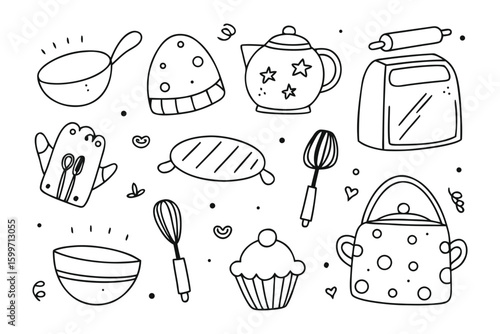 Kitchen utensils and Baking Tools: A charming illustration of a variety of kitchen tools and baking essentials, perfect for any culinary enthusiast or design project. Featuring hand-drawn elements.
