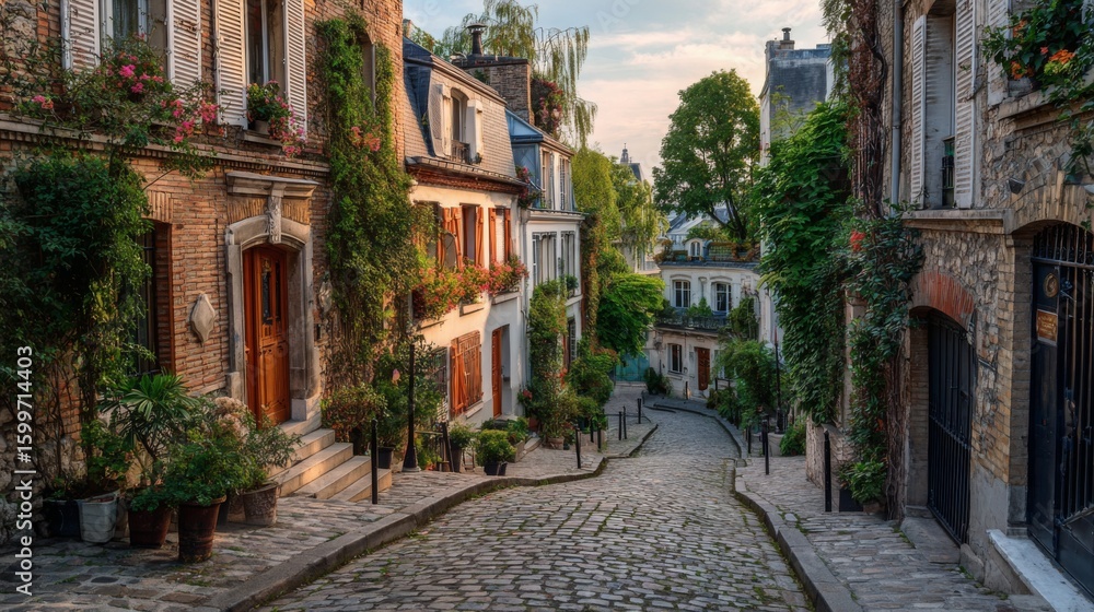 Fototapeta premium Charming cobblestone street in Montmartre, Paris, lined with vibrant flowers during golden hour
