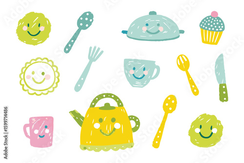 Playful Culinary Companions: A delightful assortment of charming, illustrated food-related items, including utensils, sweets, and containers, each adorned with a cheerful face.