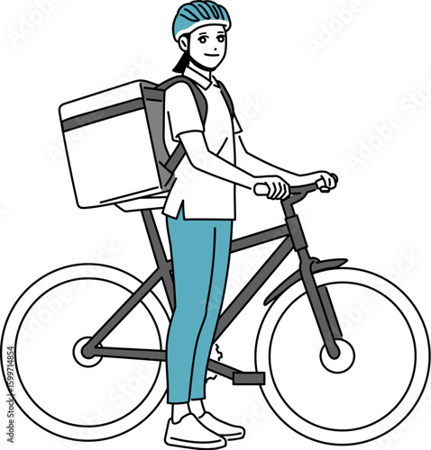 自転車に乗って荷物を届ける女性のフード配達員
