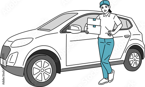 車で配達をする女性の配達員