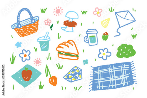 Picnic illustration: A lively illustration of picnic essentials scattered on a grassy surface, capturing the essence of outdoor enjoyment and delightful treats.