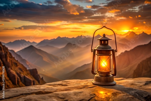 Glowing Lantern on Mountain Peak at Sunset with Layered Mountain Range in Background