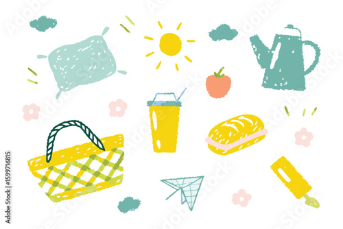 Picnic Essentials: An illustrated assortment of delightful picnic items, including a wicker basket, a refreshing drink, and a delectable sandwich, creating a perfect scene for a relaxing day outdoors.