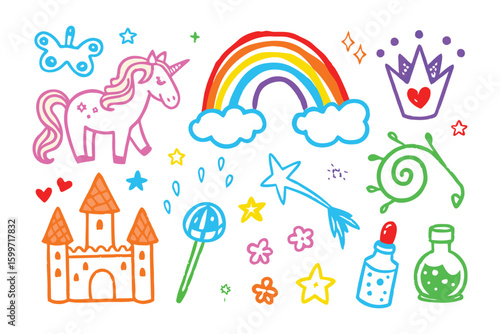 Enchanting Cartoon Fantasy: A whimsical array of colorful cartoon elements, including a unicorn, rainbow, and castle, captures the essence of fairy tales and dreams.