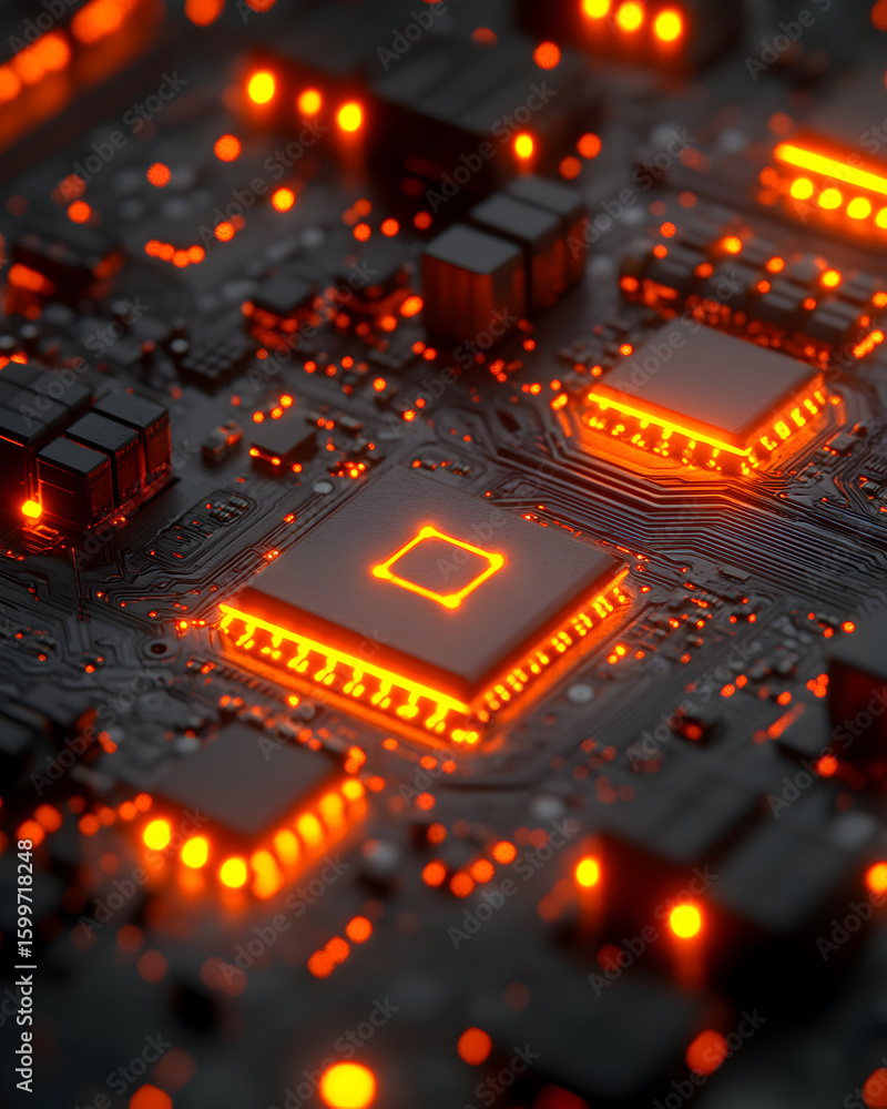 Close-up of illuminated microchips on a circuit board. Close-up of illuminated microchips on a circuit board.