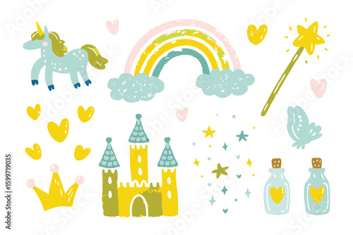 Magical Illustrations: A vibrant illustration showcases a whimsical array of fairy-tale elements including a unicorn, a rainbow, a castle and other magical things. 