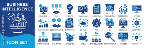 BUSINESS INTELLIGENCE icon collection set. Containing analytics,data,insights,dashboard,reporting,visualization,forecasting,metrics,performance,decision making icon. dual tone vector.	