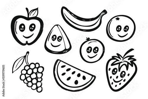 Playful Fruit Delight: A delightful collection of hand-drawn fruits, each radiating charm and joy, forming a playful arrangement for a delightful visual treat.