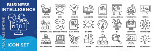 BUSINESS INTELLIGENCE icon collection set. Containing analytics,data,insights,dashboard,reporting,visualization,forecasting,metrics,performance,decision making icon. Simple line vector.	