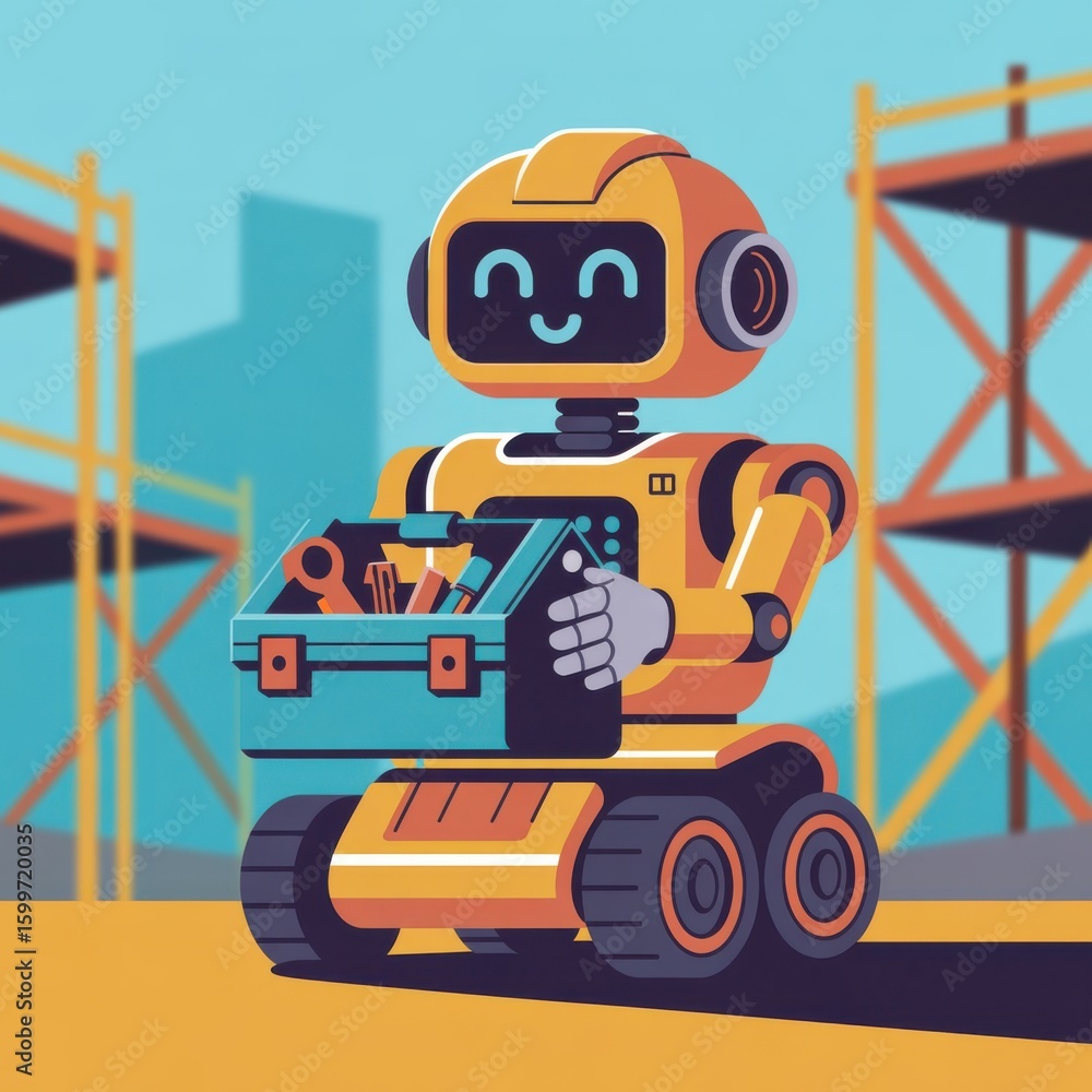 Naklejka premium Friendly yellow robot carrying a toolbox isolated on transparent background