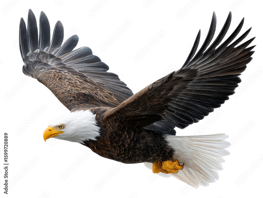 Fototapeta premium Majestic Eagle Soaring: A bald eagle soars effortlessly, its wings spread wide against the sky, embodying freedom and strength. This iconic symbol of power and grace glides through the air.