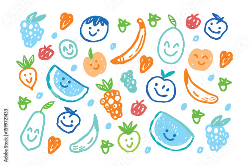 Cheerful Fruit Doodle: Playful illustration of fresh, hand-drawn fruits creating a vibrant, colorful pattern. A charming, fun, and delightful design perfect for any project.