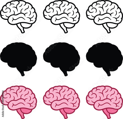 Three different styles of human brain illustrations in outline silhouette and color