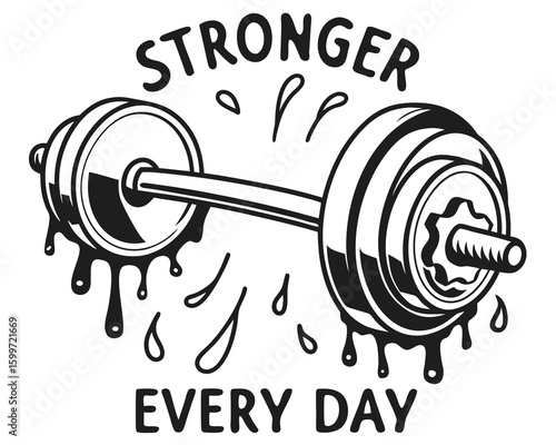 Monochrome barbell with sweat drops depicts weight training motivation to become stronger every day, transparent background