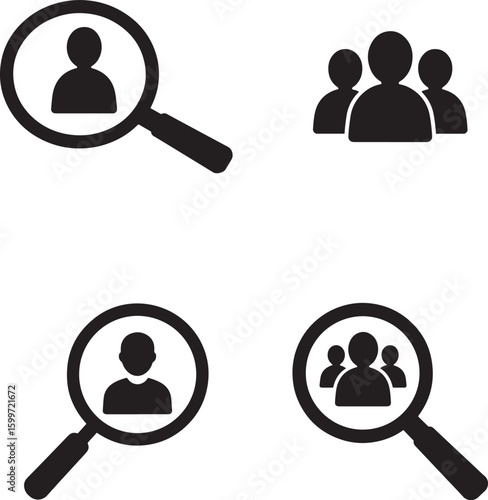 Magnifying glass searching for people icons representing recruitment and human resources