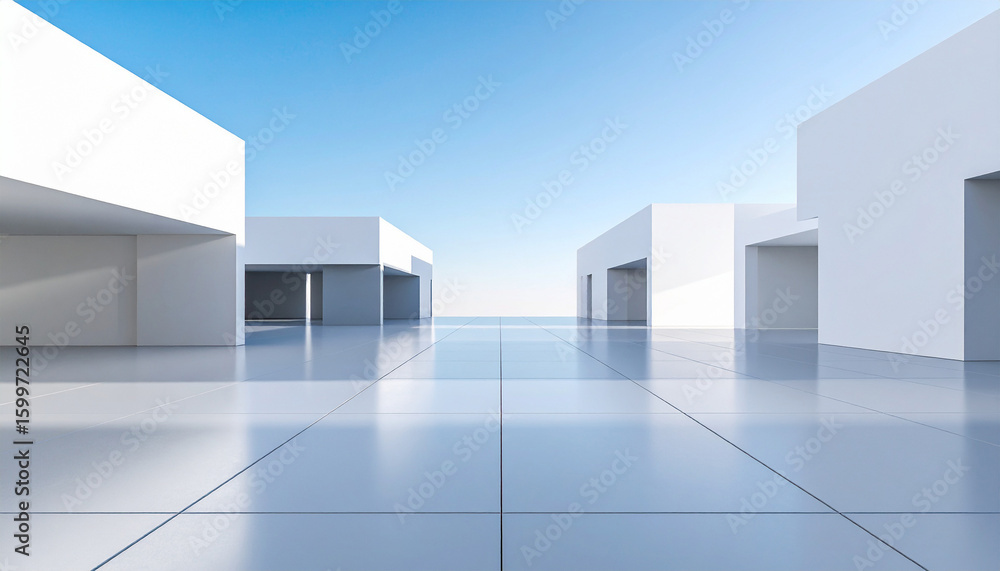 Fototapeta premium Modern Architectural Minimalism: An expansive view of sleek, white architectural structures is bathed in the tranquil glow of natural light against a vibrant blue sky.
