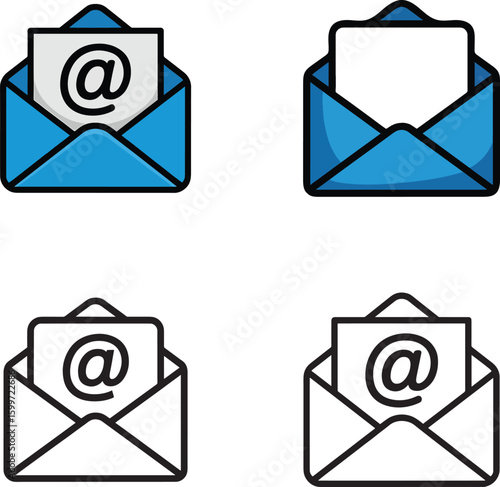 Email envelope icons with at symbol and blank paper