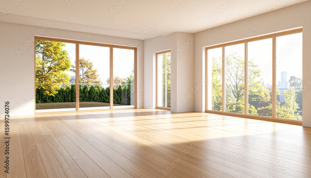 Fototapeta premium Empty Room with Large Windows: A modern and airy interior space, bathed in natural light streaming through expansive windows.