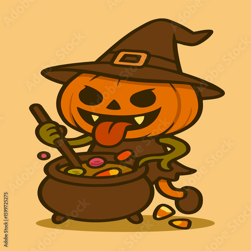 Adorable pumpkin witch with a crooked hat, smiling with tiny fangs while stirring a candy potion in her cauldron, radiating sweet and spooky charm in cartoon vector style.