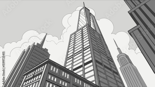 Cityscape architecture illustration of skyscrapers and buildings in black and white urban landscape design