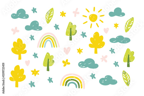 Whimsical Nature Elements: A delightful collection of hand-drawn illustrations, including clouds, trees, rainbows, and sun.